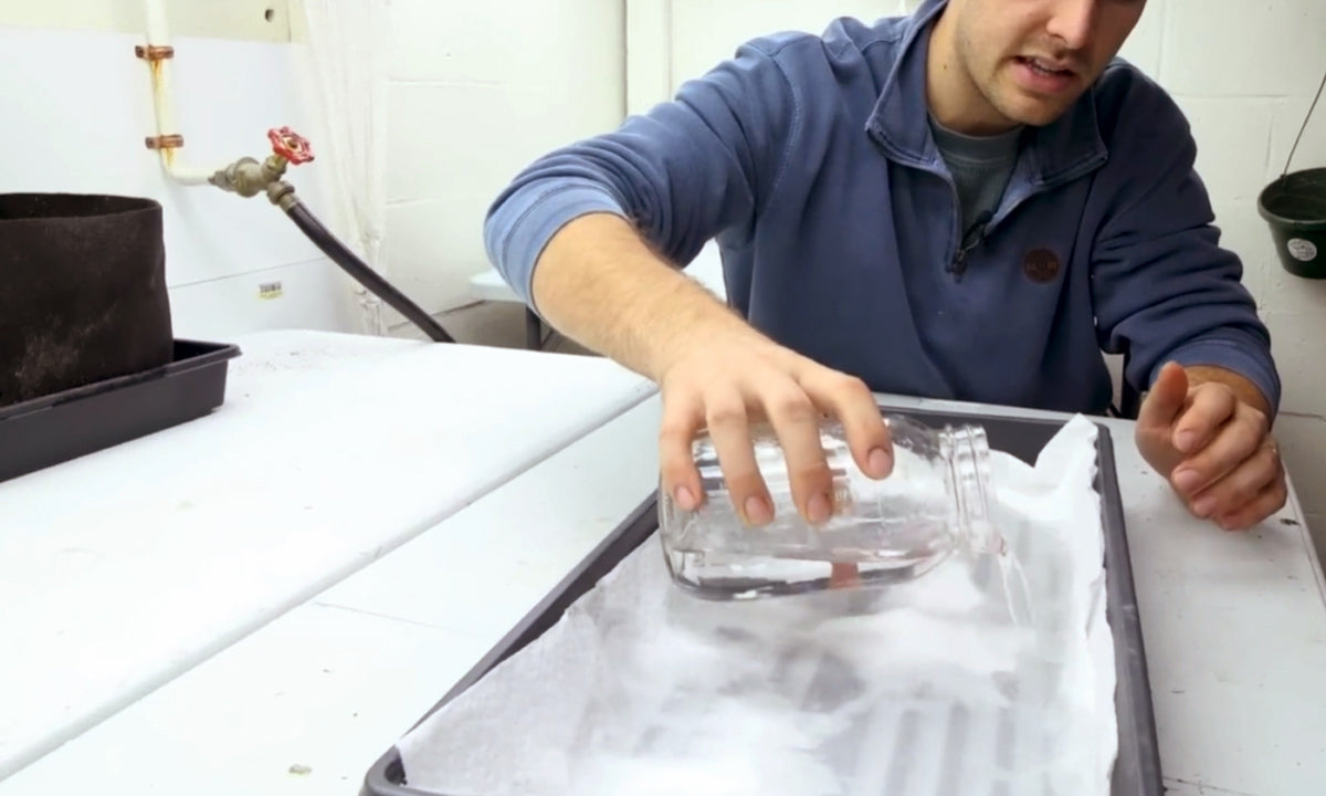 A man watering a growing medium to prepare for growing microgreens.