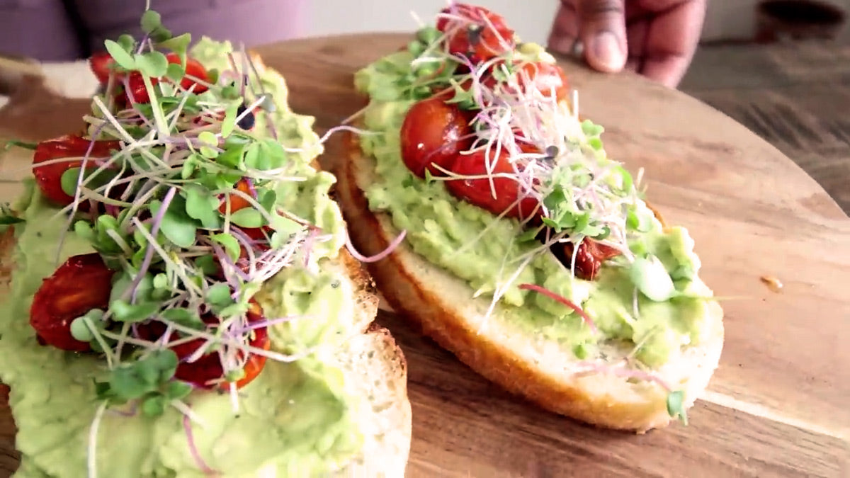 A delicious meal of microgreens on avocado toast.